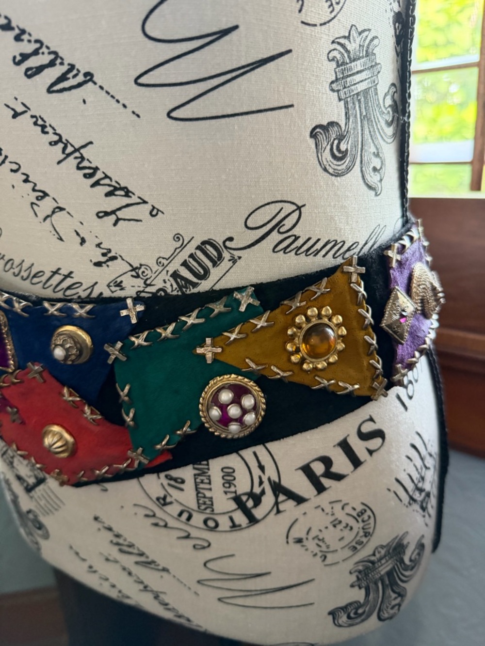 Vintage Multicolor Patchwork Statement Waist Belt with Gem Accents - Picture 7 of 16